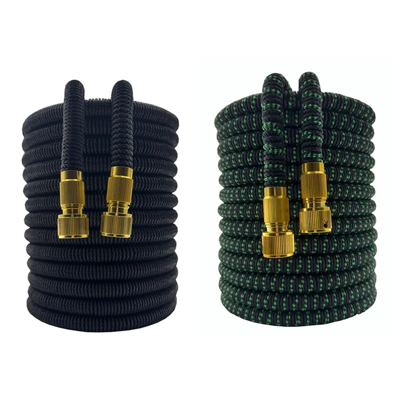 Expandable garden hose with spray nozzle
