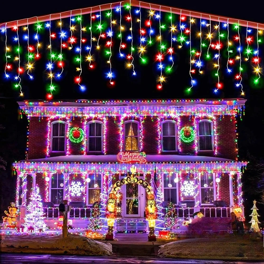 Solar icicle curtain lights on eaves