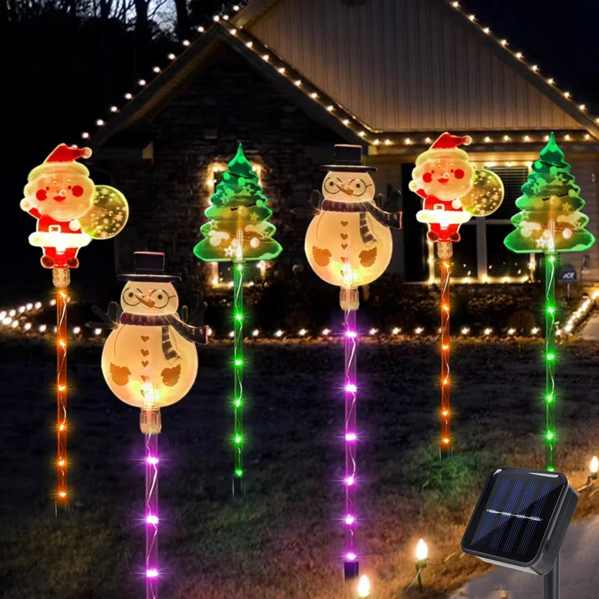 Santa, tree and reindeer solar stake lights
