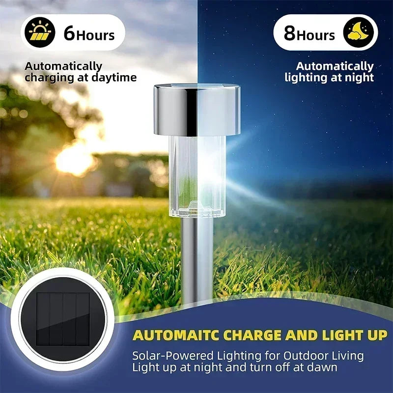 Solar path lights along a garden path